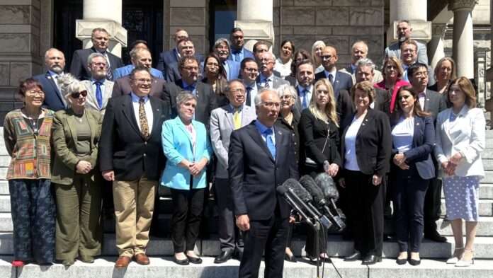 B.C. Conservative Leader John Rustad with his caucus on May 29, 2025. | Emily Joveski, Vista Radio photo
