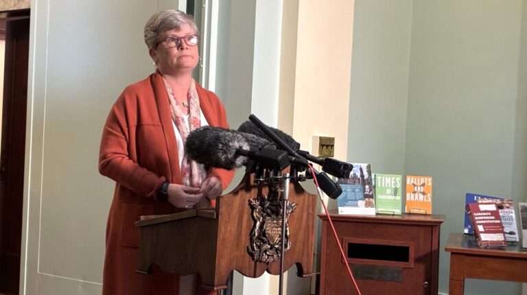 Health Minister Josie Osborne makes statement on discontinuing Brineura coverage for Charleigh Pollock, June 18, 2025. | Emily Joveski, Vista Radio photo
