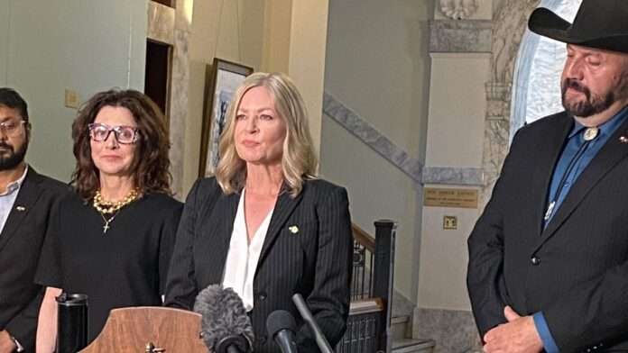 FILE - Independent MLAs Dallas Brodie, Tara Armstrong, and Jordan Kealy speak to reporters on March 28th. | Emily Joveski, Vista Radio photo