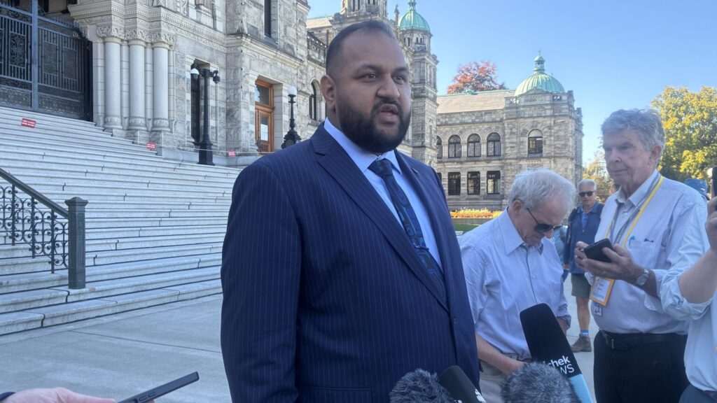 Forests Minister Ravi Parmar speaks to reporters