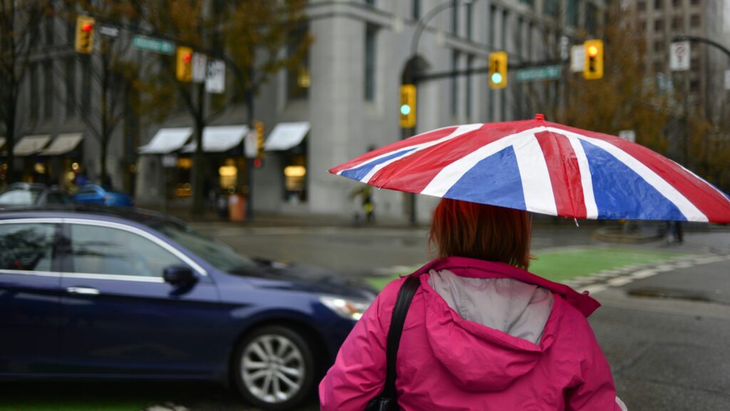 person holding umbrella on street corner